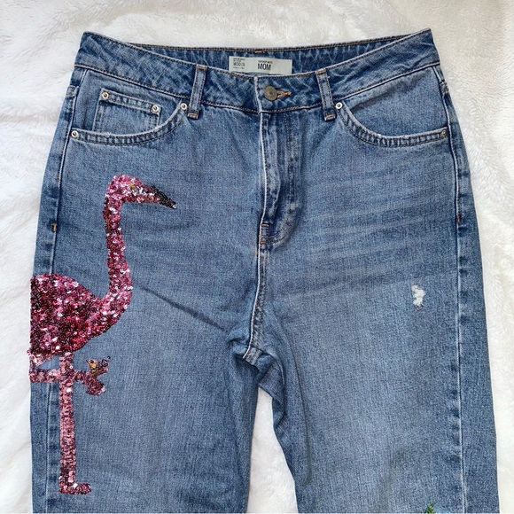 Topshop Flamingo Sequin Moto Mom Jeans Size 30 High Waisted Denim Fun Palm Tree - Picture 6 of 13